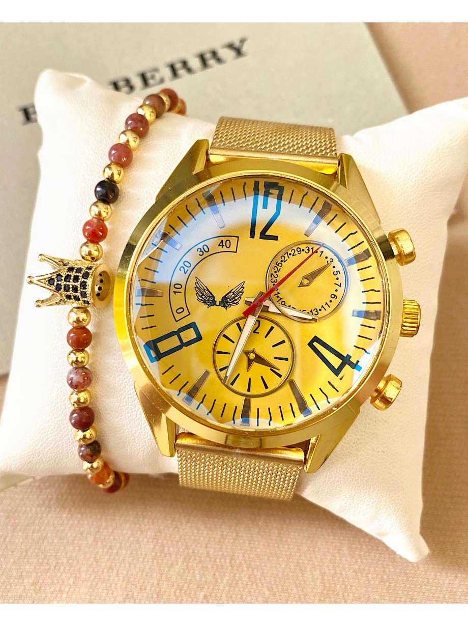 Ceas barbati auriu cu bratara metalica si cadran galben