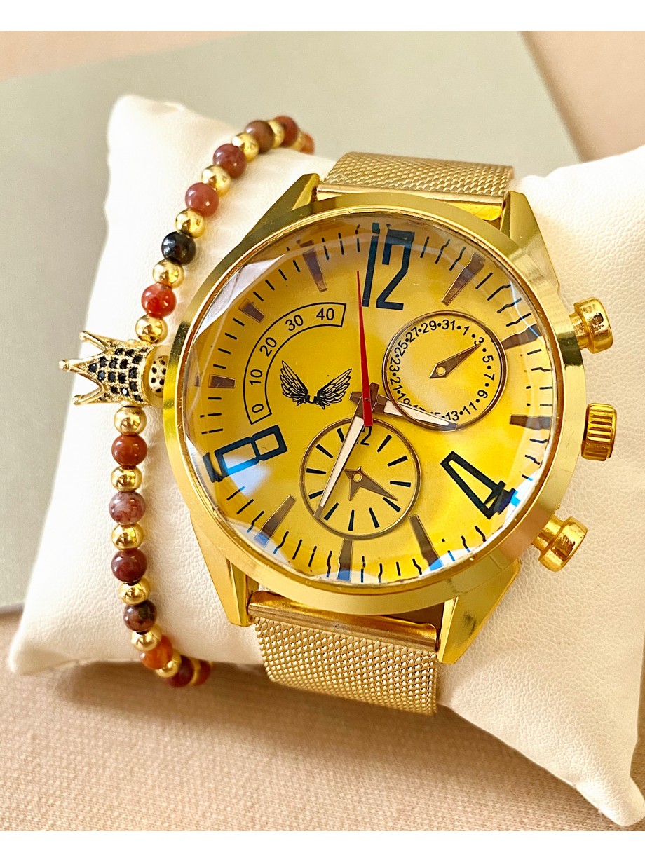 Ceas barbati auriu cu bratara metalica si cadran galben