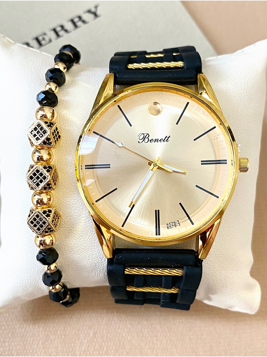 Ceas barbat negru cu bratara din piele ecologica si cadran auriu