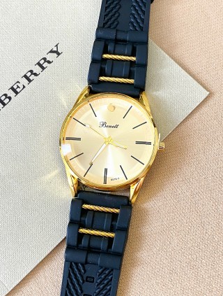 Ceas barbat negru cu bratara din piele ecologica si cadran auriu