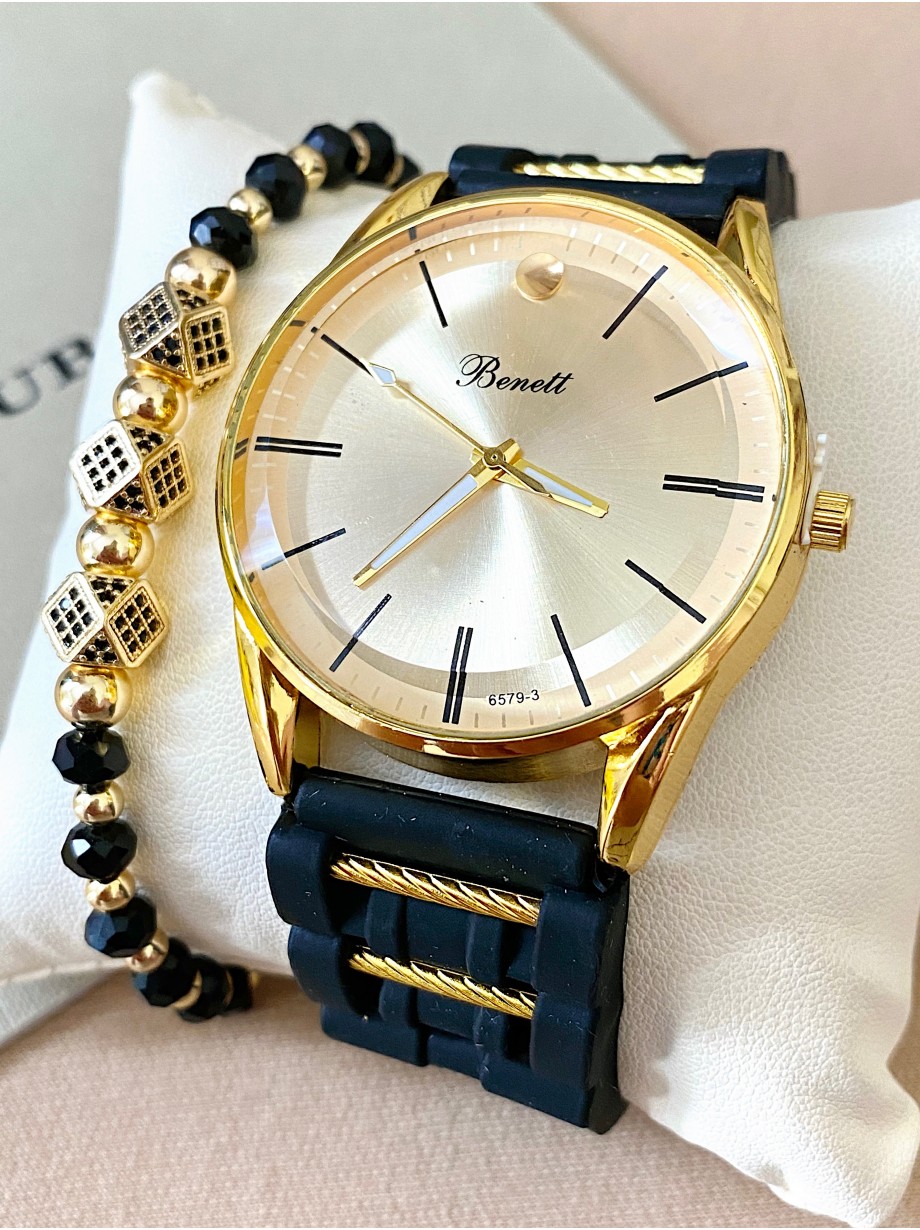 Ceas barbat negru cu bratara din piele ecologica si cadran auriu