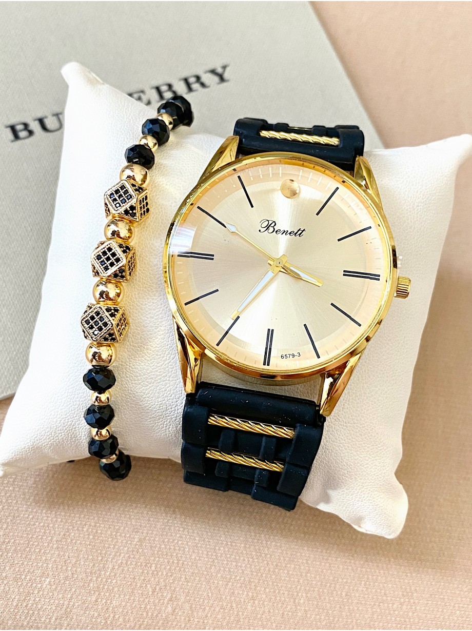 Ceas barbat negru cu bratara din piele ecologica si cadran auriu