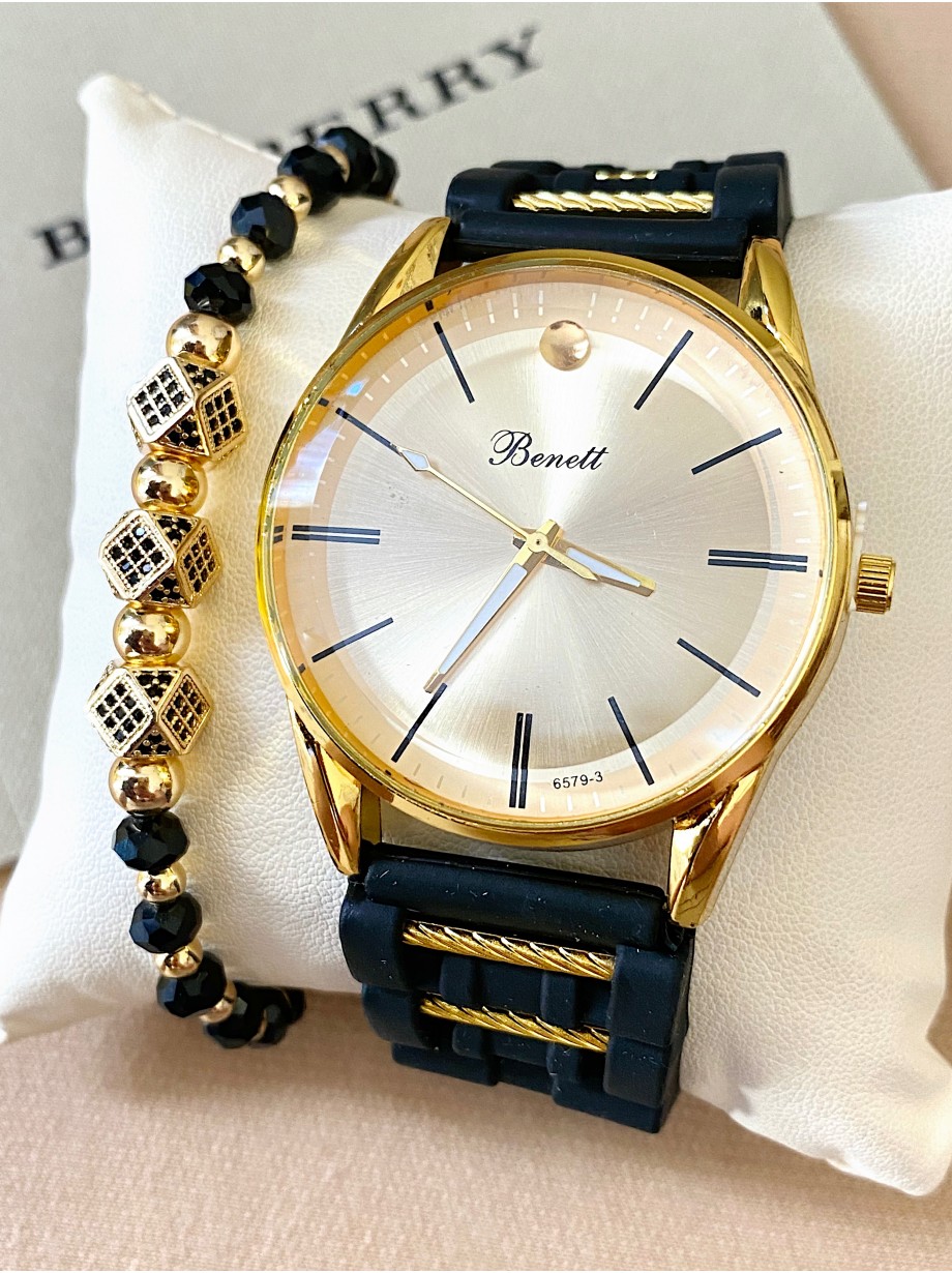 Ceas barbat negru cu bratara din piele ecologica si cadran auriu