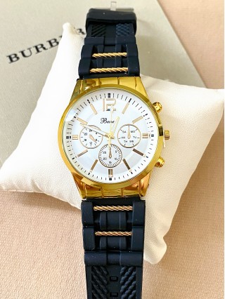 Ceas barbat negru cu bratara din piele ecologica si cadran alb