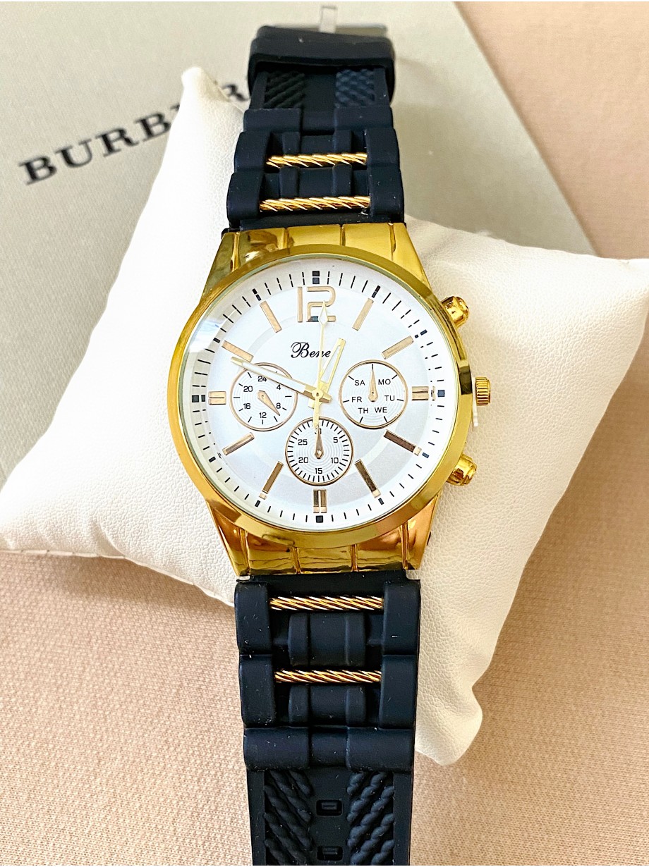 Ceas barbat negru cu bratara din piele ecologica si cadran alb