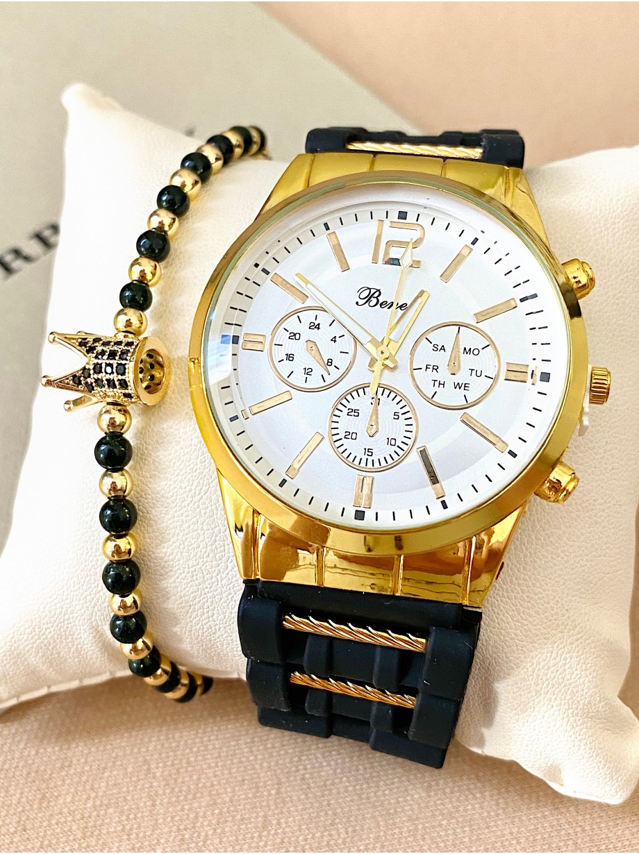 Ceas barbat negru cu bratara din piele ecologica si cadran alb