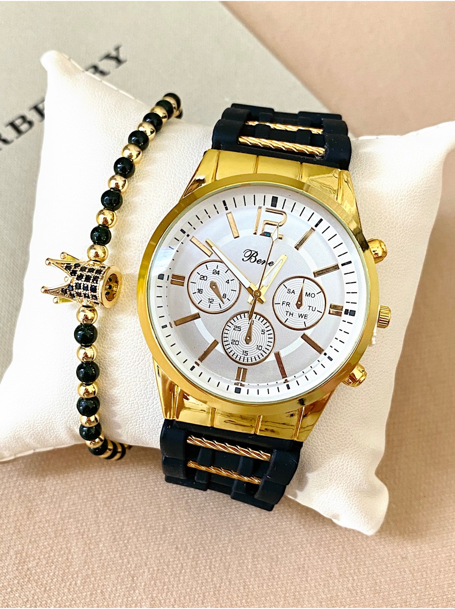 Ceas barbat negru cu bratara din piele ecologica si cadran alb