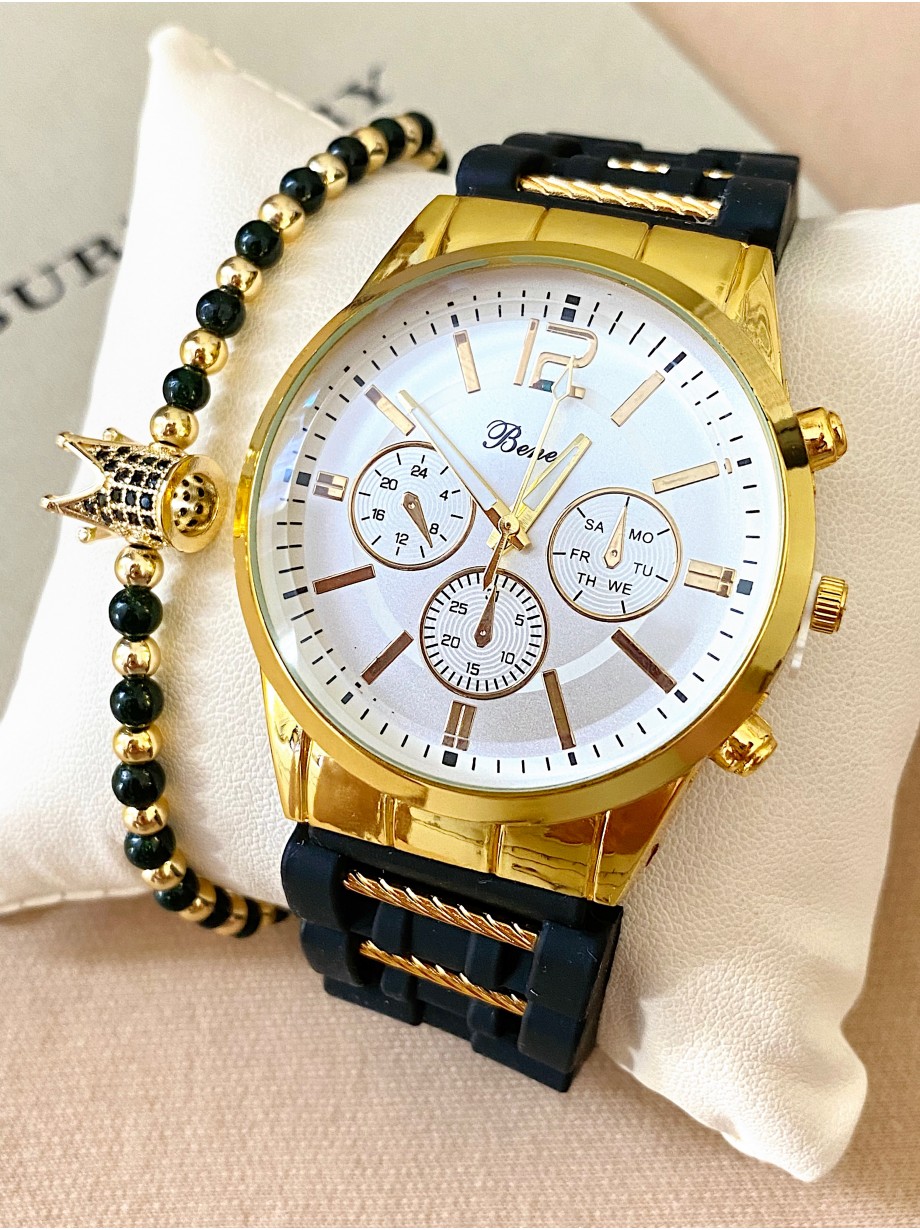 Ceas barbat negru cu bratara din piele ecologica si cadran alb