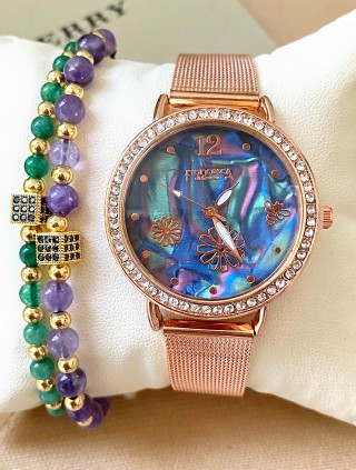 Ceas dama roze cu bratara metalica si cadran albastru cu flori