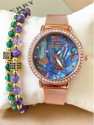 Ceas dama roze cu bratara metalica si cadran albastru cu flori