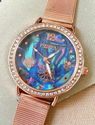 Ceas dama roze cu bratara metalica si cadran albastru cu flori