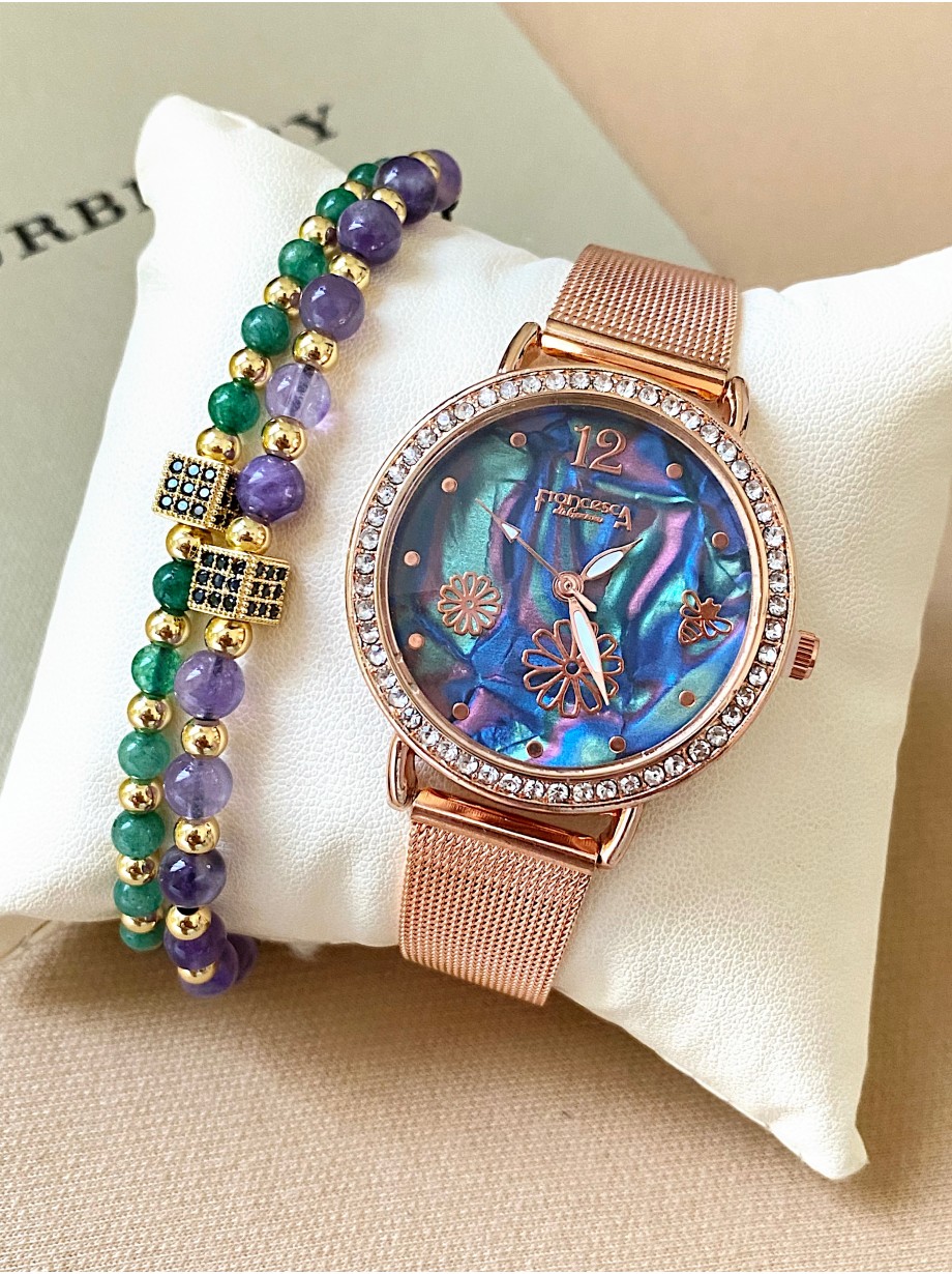 Ceas dama roze cu bratara metalica si cadran albastru cu flori