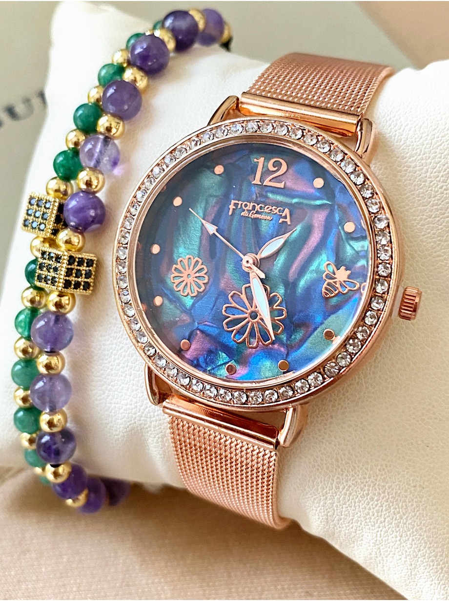 Ceas dama roze cu bratara metalica si cadran albastru cu flori