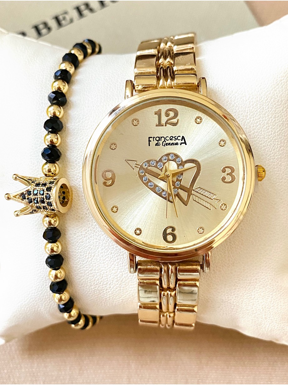 Ceas dama auriu cu bratara metalica si cadran cu inimioare