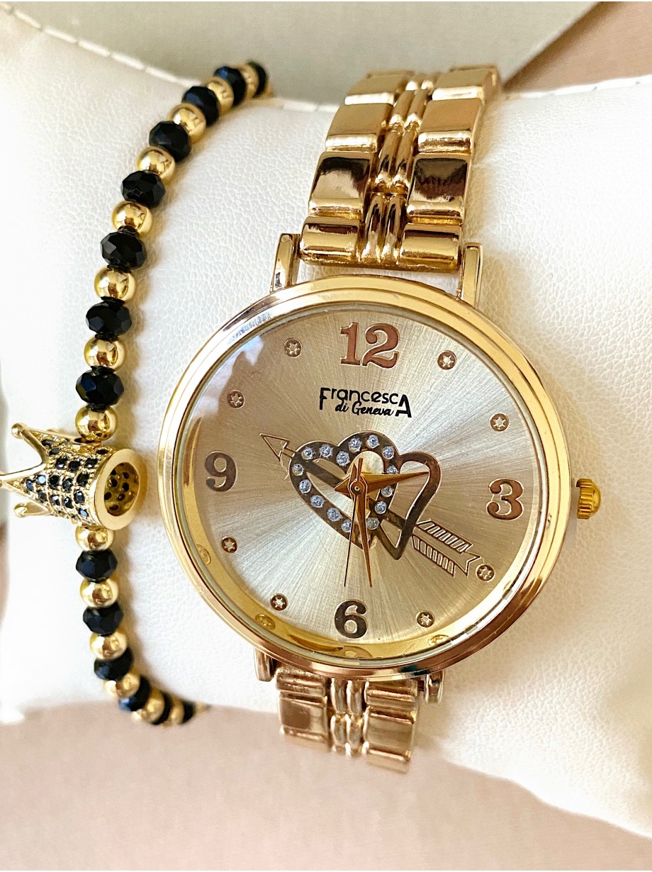 Ceas dama auriu cu bratara metalica si cadran cu inimioare