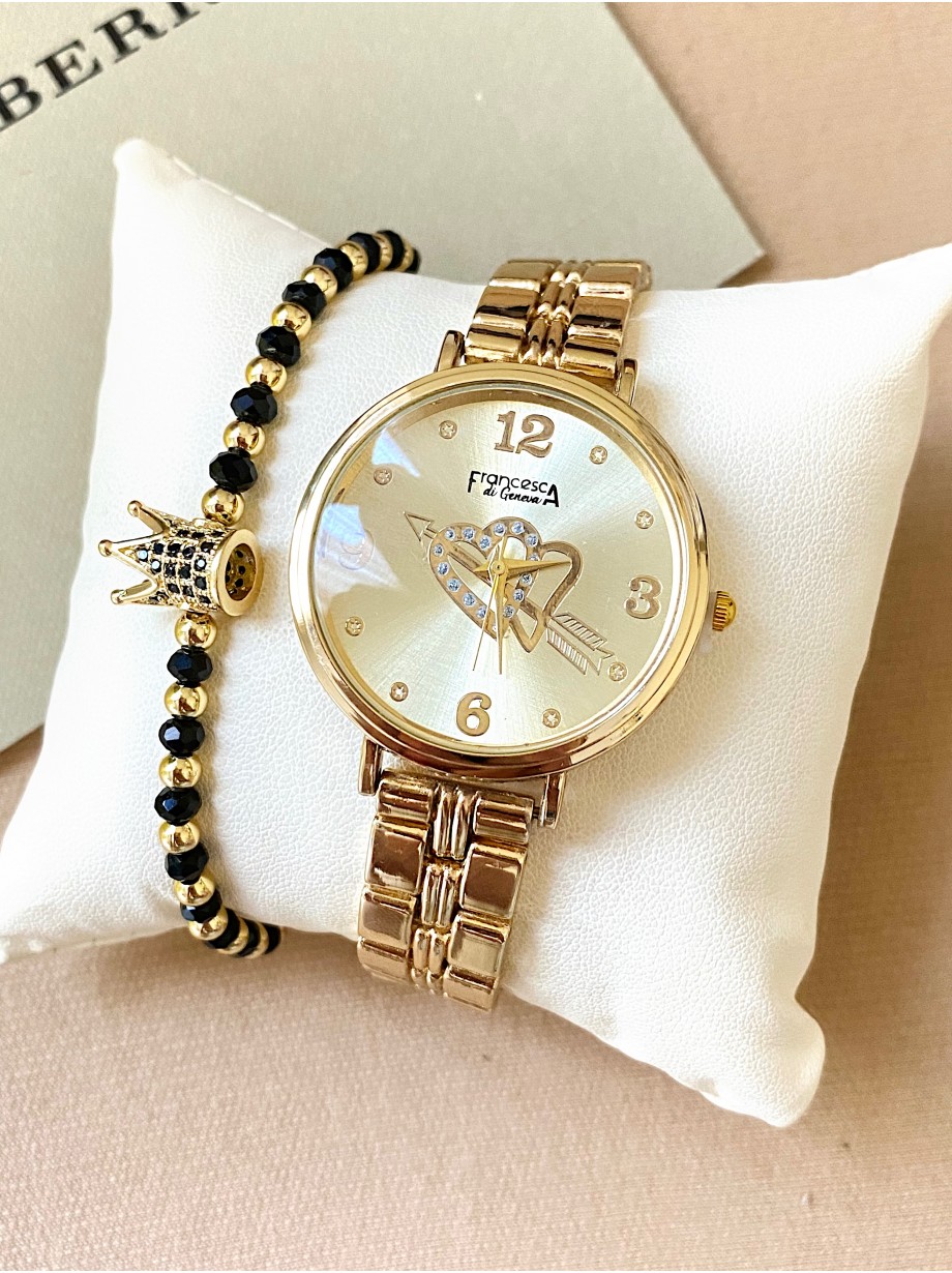 Ceas dama auriu cu bratara metalica si cadran cu inimioare