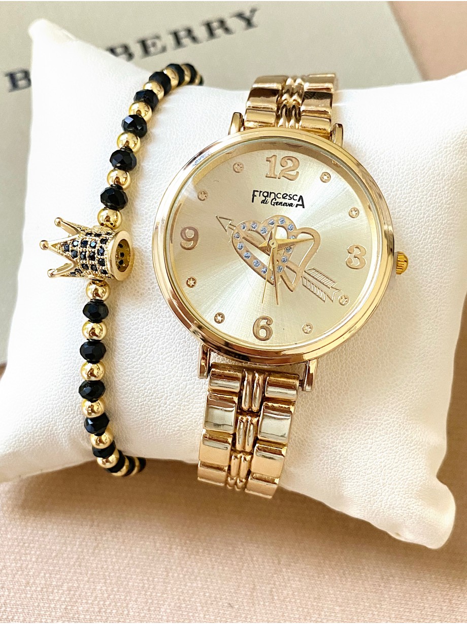 Ceas dama auriu cu bratara metalica si cadran cu inimioare