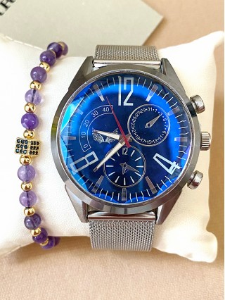 Ceas unisex argintiu cu bratara metalica si cadran albastru