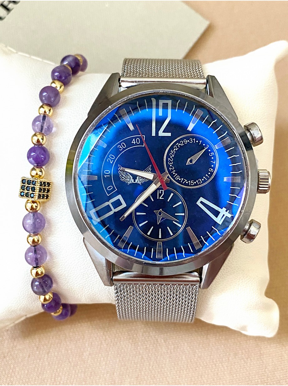 Ceas unisex argintiu cu bratara metalica si cadran albastru