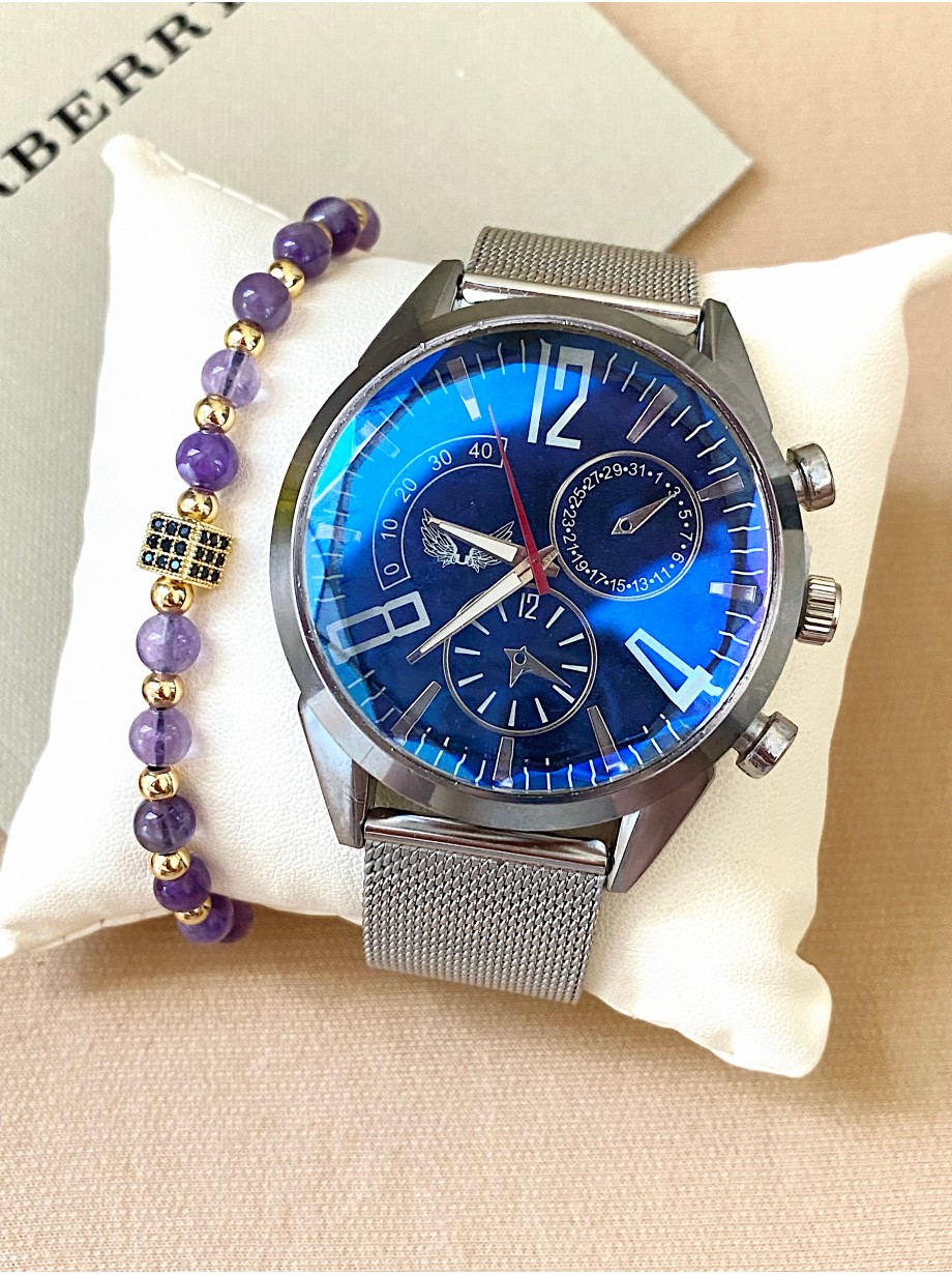 Ceas unisex argintiu cu bratara metalica si cadran albastru