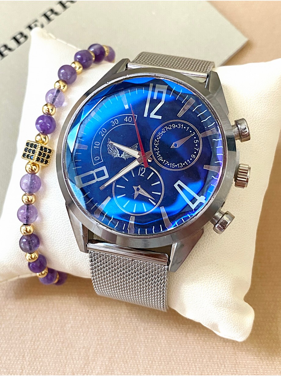 Ceas unisex argintiu cu bratara metalica si cadran albastru