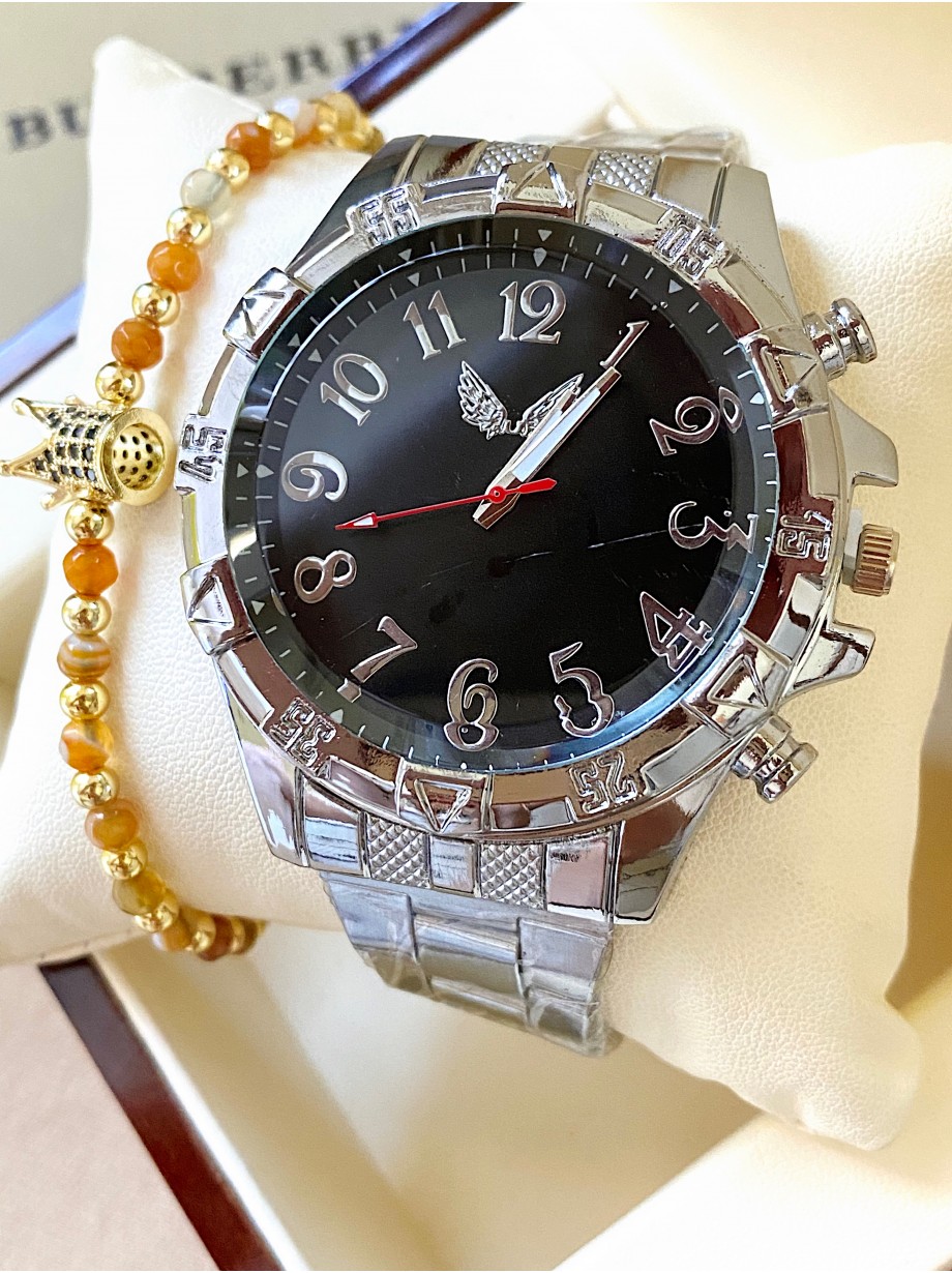 Ceas unisex argintiu cu bratara metalica si cadran negru