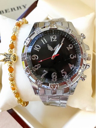 Ceas unisex argintiu cu bratara metalica si cadran negru