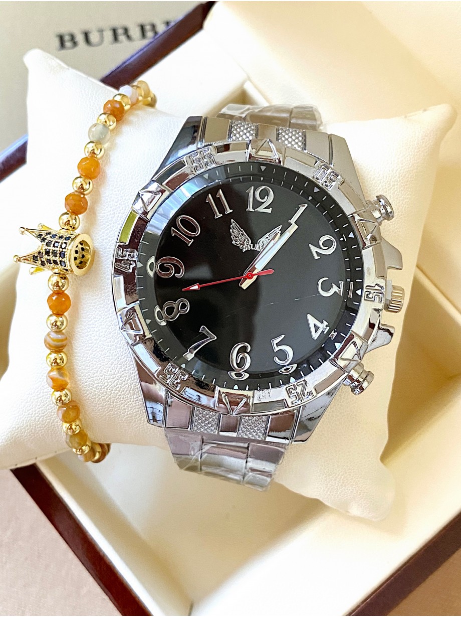 Ceas unisex argintiu cu bratara metalica si cadran negru