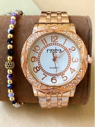 Ceas dama roze cu bratara metalica si cadran alb cu cifre arabe