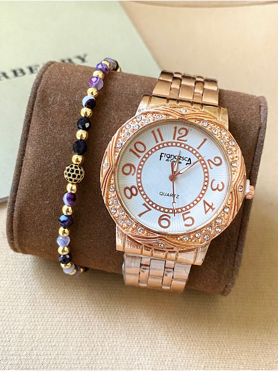 Ceas dama roze cu bratara metalica si cadran alb cu cifre arabe