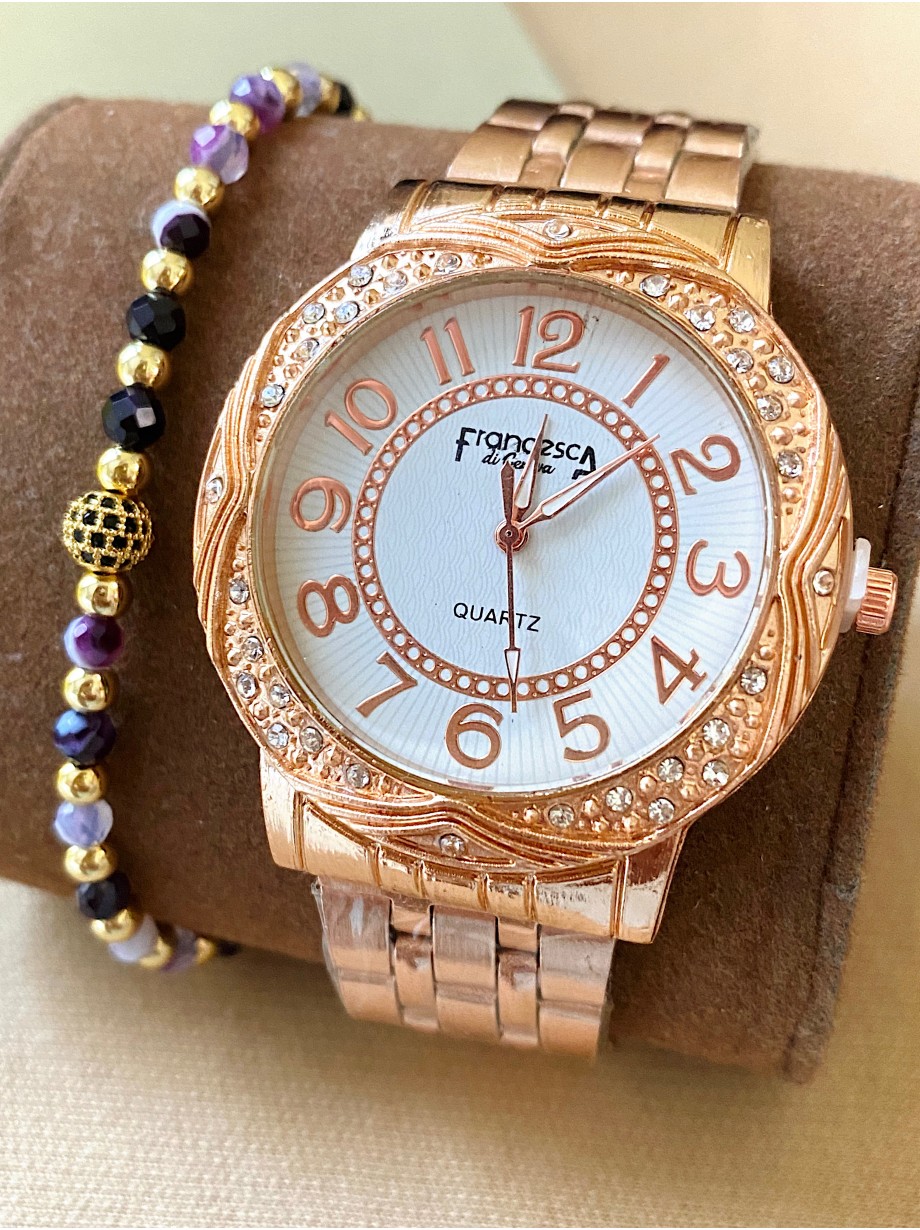 Ceas dama roze cu bratara metalica si cadran alb cu cifre arabe