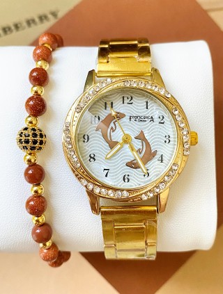 Ceas dama auriu cu bratara metalica si cadran alb cu pesti