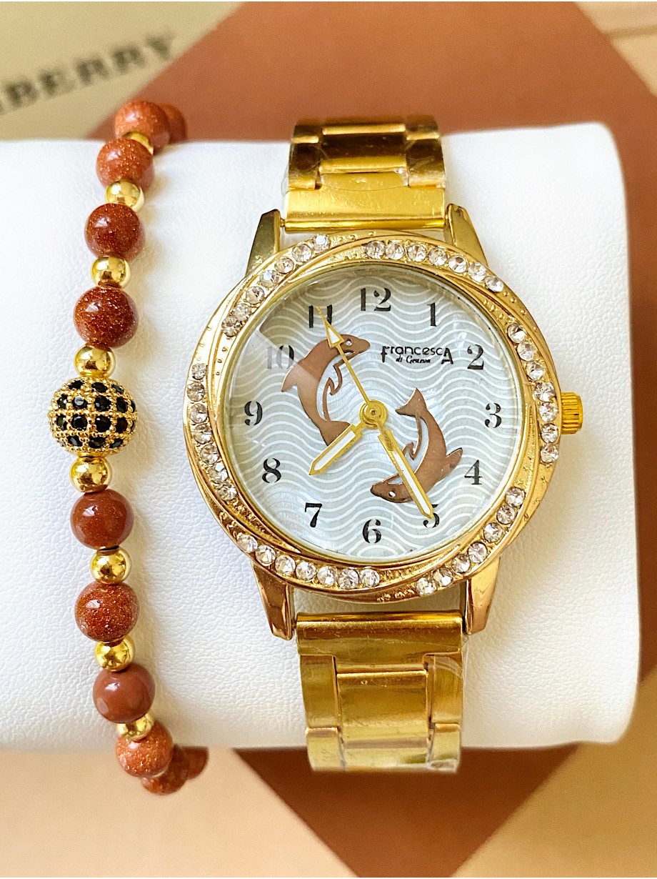 Ceas dama auriu cu bratara metalica si cadran alb cu pesti