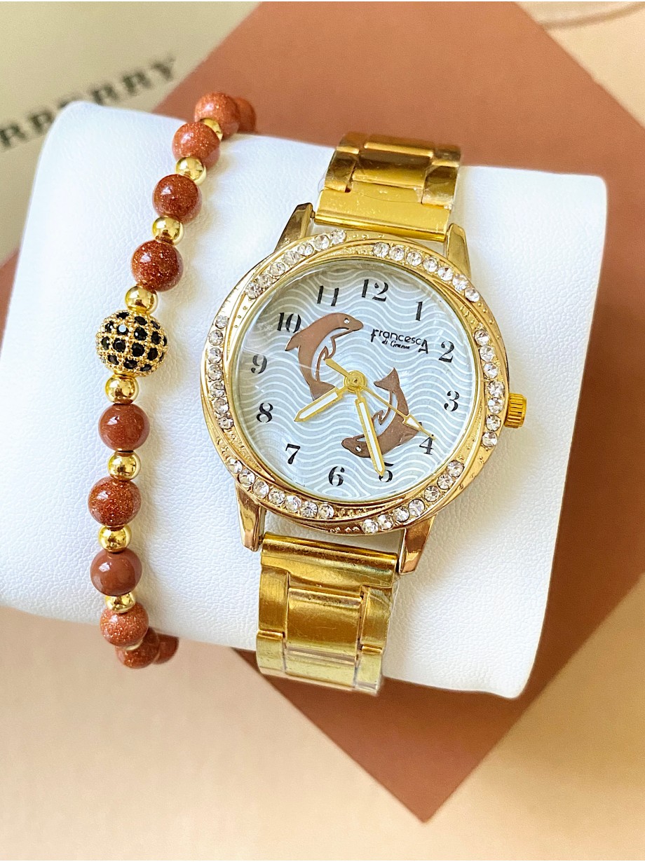 Ceas dama auriu cu bratara metalica si cadran alb cu pesti