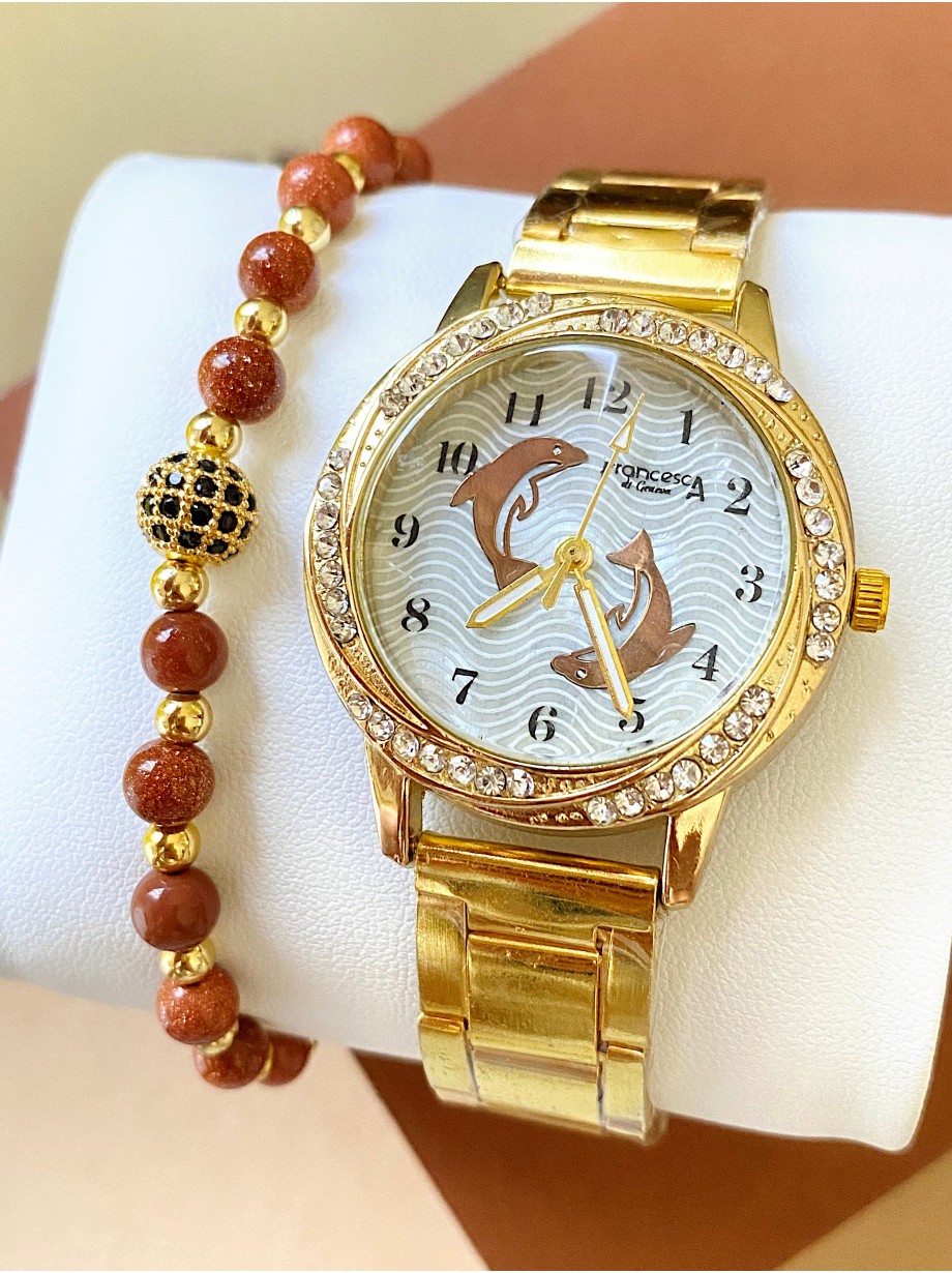 Ceas dama auriu cu bratara metalica si cadran alb cu pesti