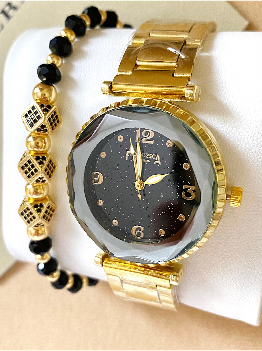 Ceas dama auriu cu bratara metalica si cadran negru