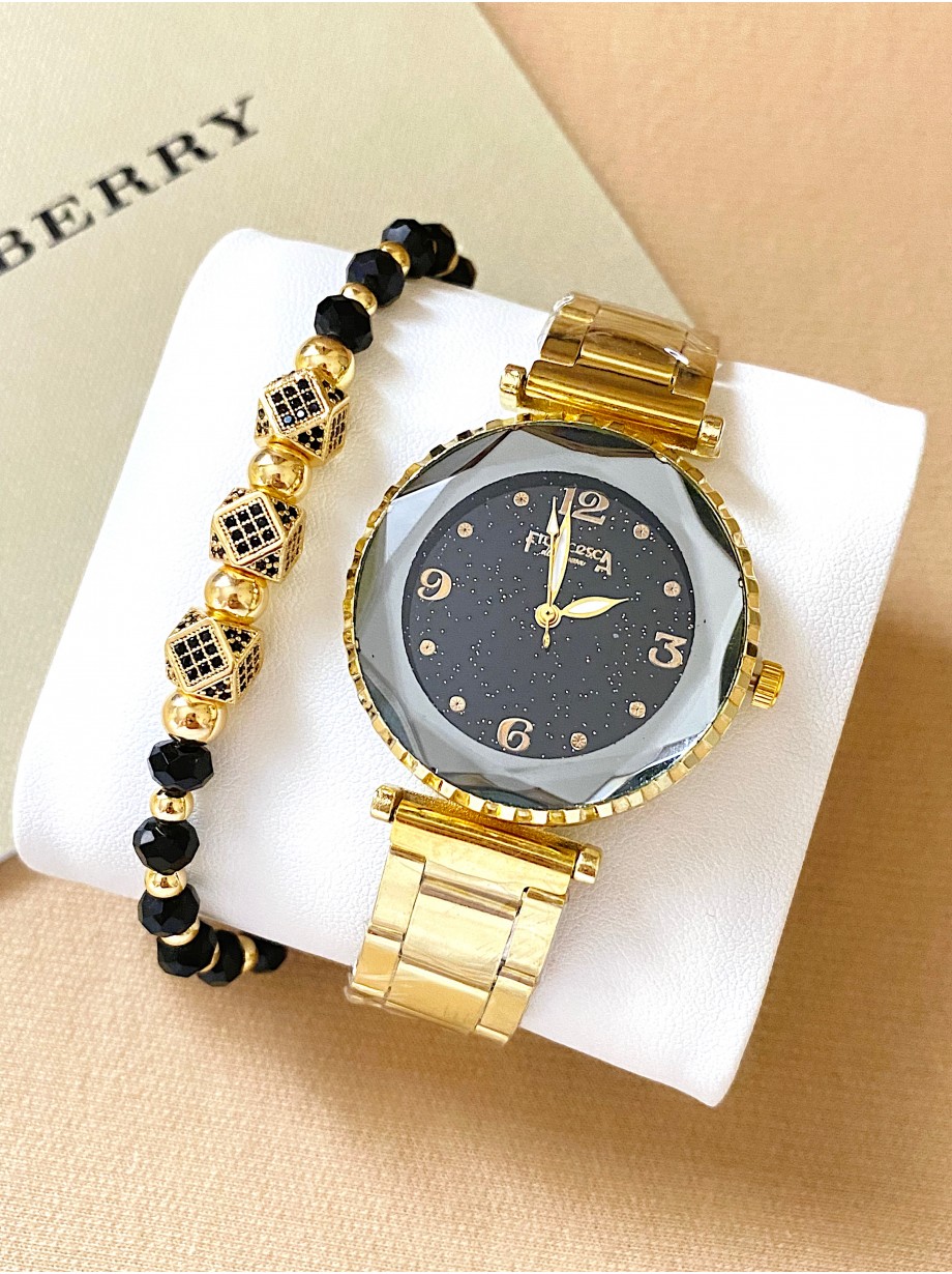 Ceas dama auriu cu bratara metalica si cadran negru