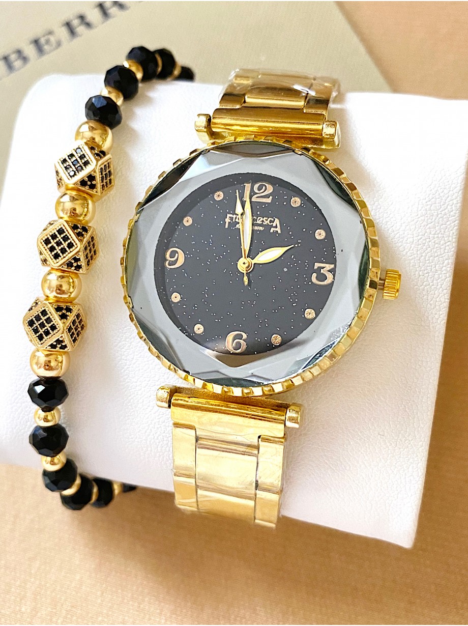 Ceas dama auriu cu bratara metalica si cadran negru