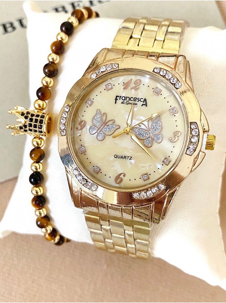 Ceas dama auriu cu bratara metalica si cadran cu fluturi