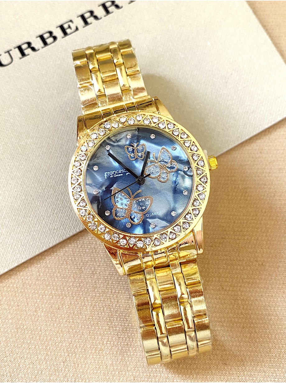 Ceas dama auriu cu bratara metalica si cadran albastru cu fluturi