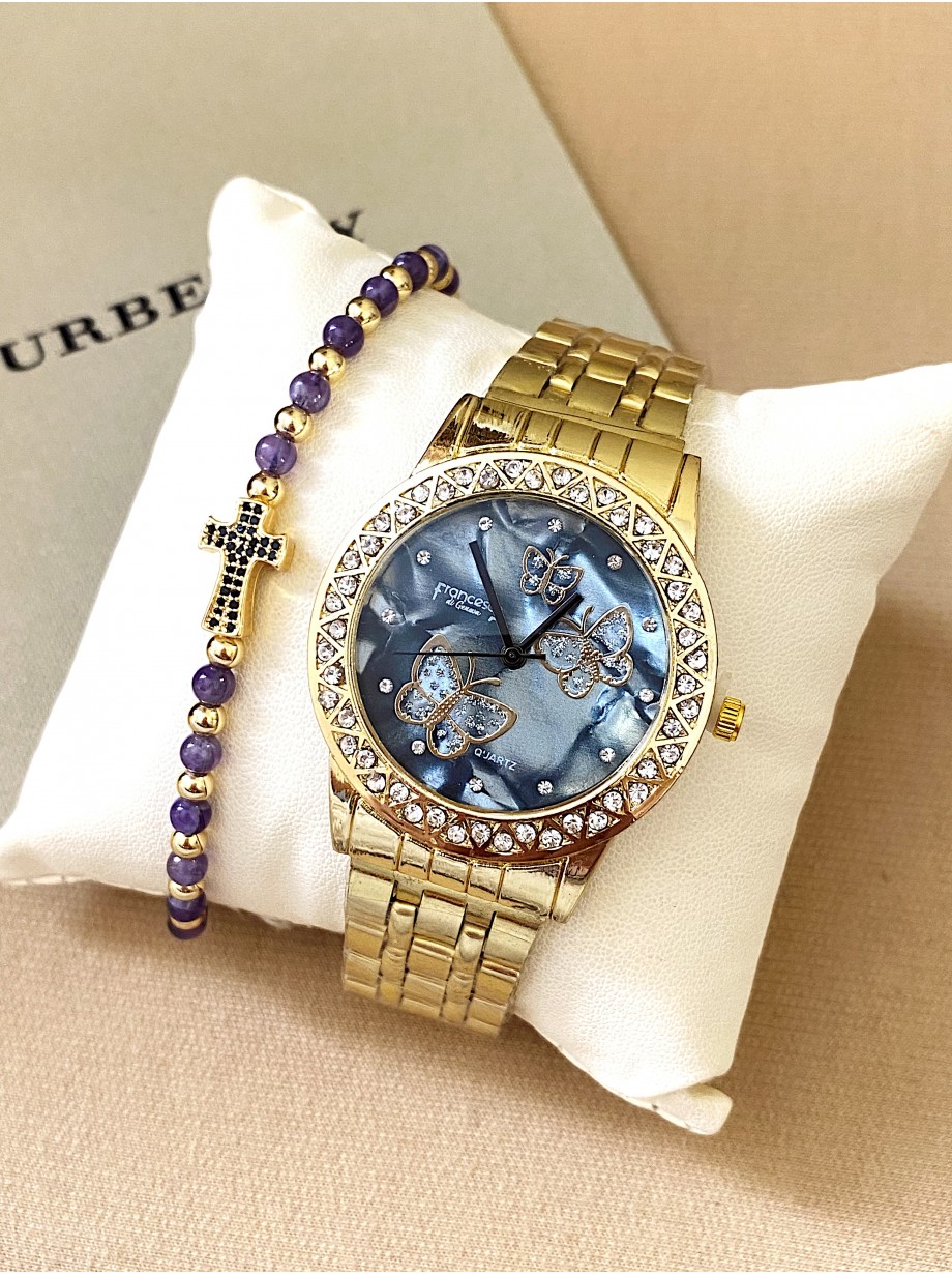 Ceas dama auriu cu bratara metalica si cadran albastru cu fluturi