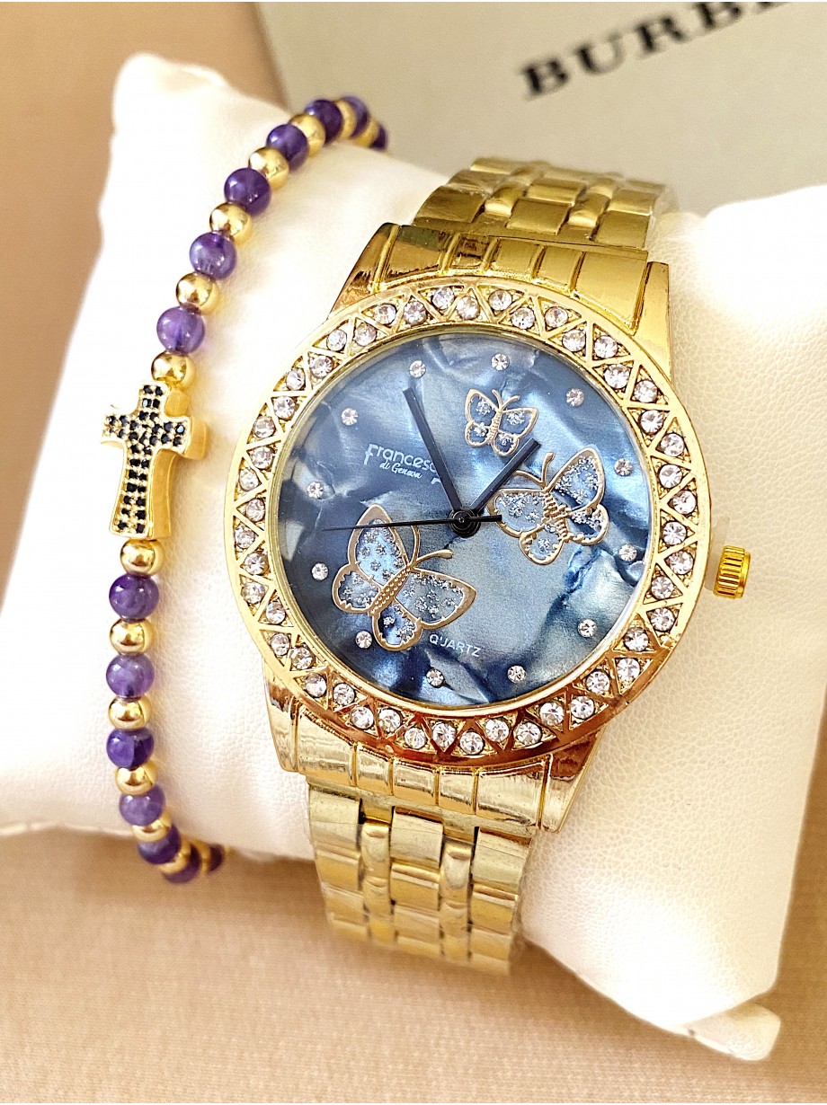 Ceas dama auriu cu bratara metalica si cadran albastru cu fluturi