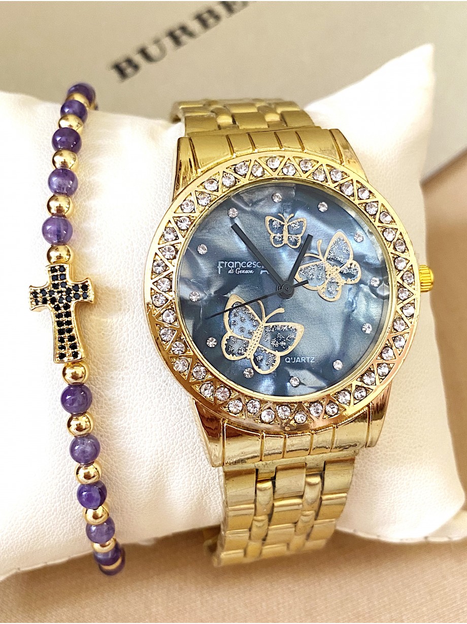 Ceas dama auriu cu bratara metalica si cadran albastru cu fluturi