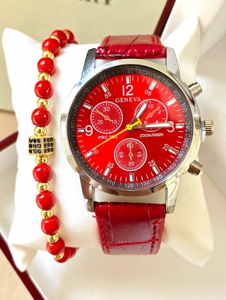 Ceas unisex rosu cu bratara din piele ecologica si cadran cu argintiu