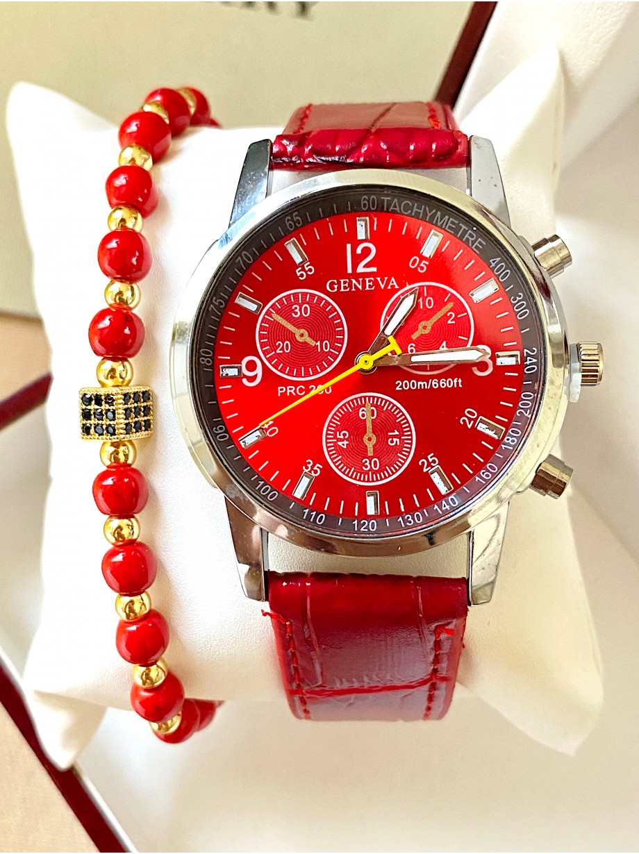 Ceas unisex rosu cu bratara din piele ecologica si cadran cu argintiu