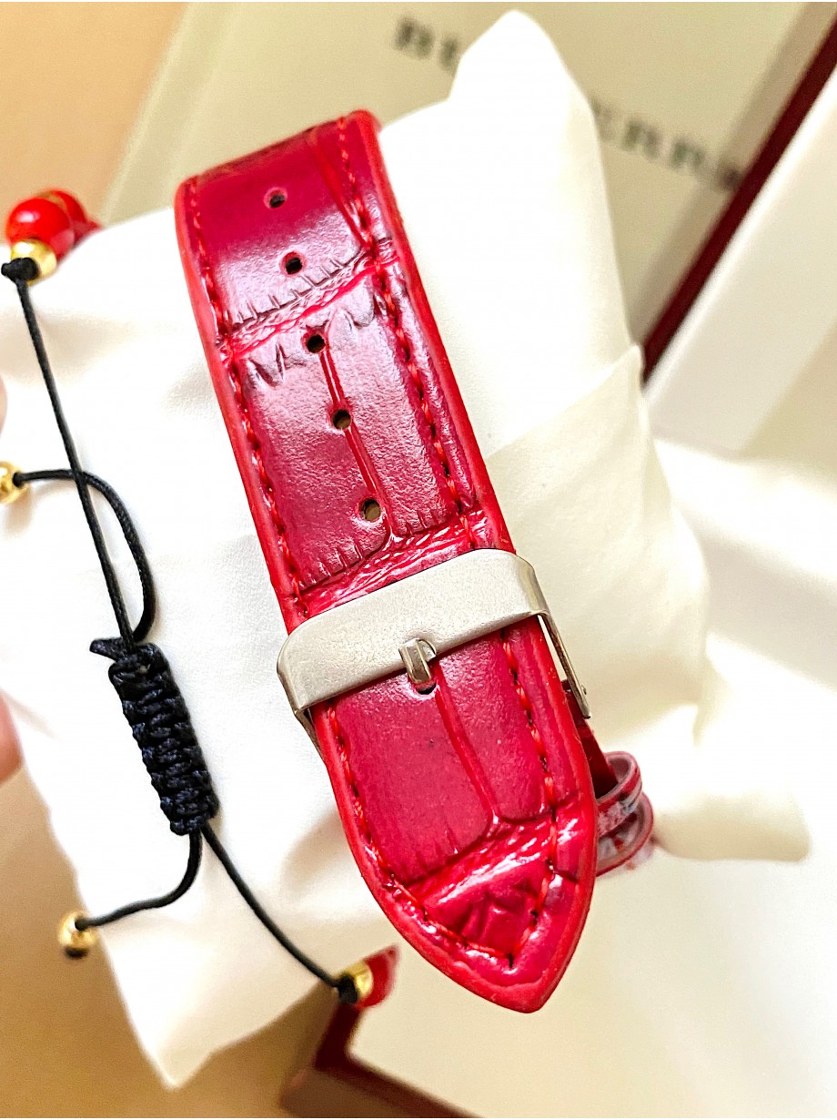 Ceas unisex rosu cu bratara din piele ecologica si cadran cu argintiu