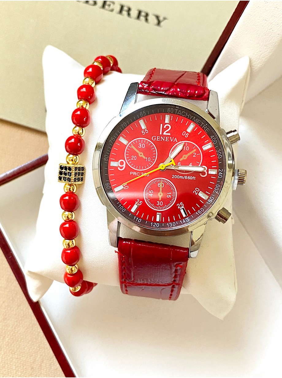 Ceas unisex rosu cu bratara din piele ecologica si cadran cu argintiu