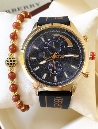 Ceas barbat negru cu bratara din piele ecologica si cadran cu auriu