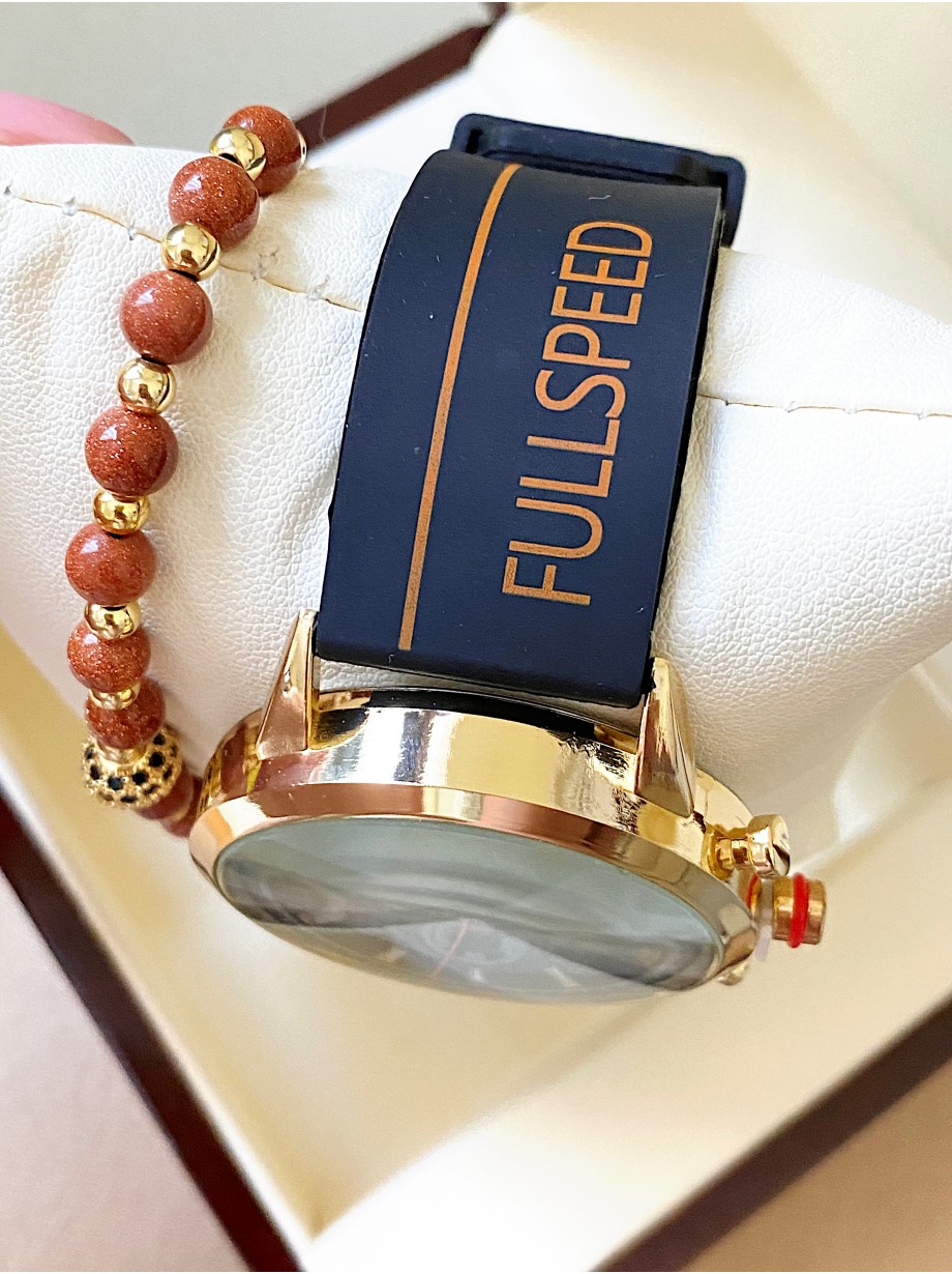 Ceas barbat negru cu bratara din piele ecologica si cadran cu auriu