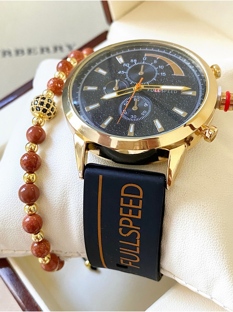 Ceas barbat negru cu bratara din piele ecologica si cadran cu auriu